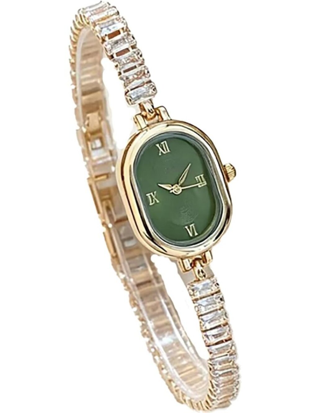 Women's Gold Green Oval Dial Quartz Sparkling Crystal Bracelet Wrist Watches